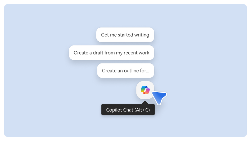 Cận cảnh nút Copilot Chat (Alt + C) và các gợi ý thông minh Get me started writing, Create a draft, Create an outline