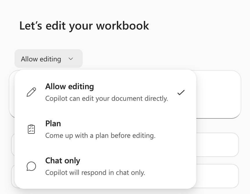 Ba chế độ của Copilot trong Excel: Allow editing, Plan và Chat only