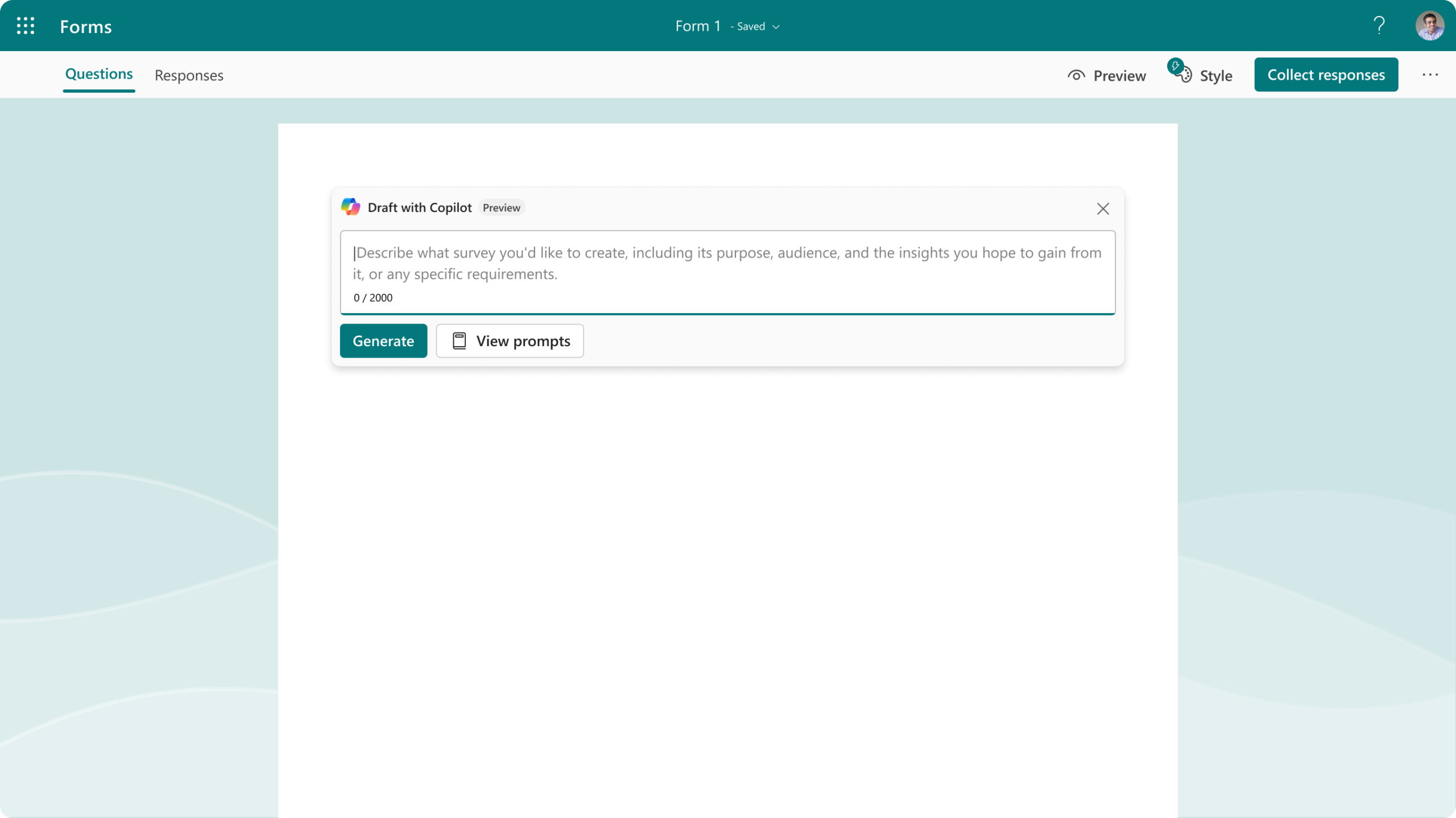 Hộp Draft with Copilot trong Microsoft Forms để mô tả khảo sát muốn tạo