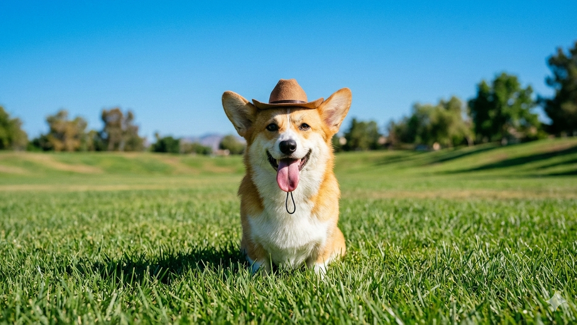 Ảnh chú chó corgi đội mũ cao bồi chụp góc thường