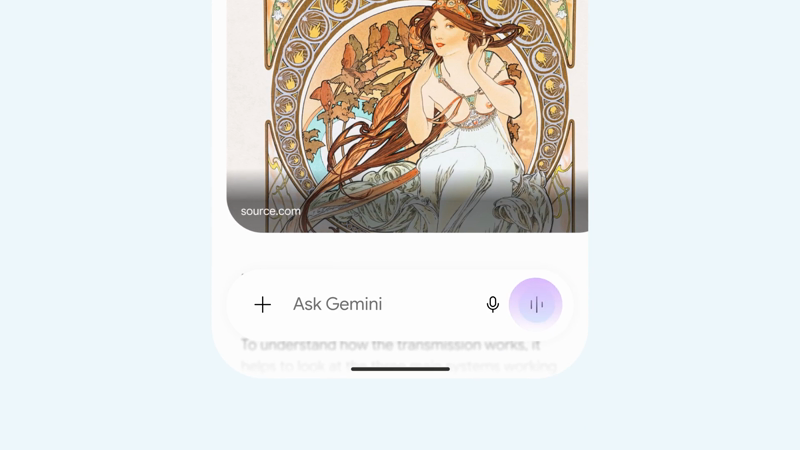 Giao diện Gemini Live với thanh Ask Gemini, nút micro và thẻ hình ảnh trực quan