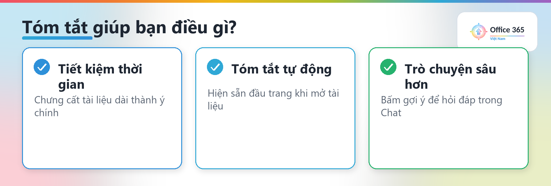 Ba điểm về tóm tắt Copilot Word: tiết kiệm thời gian, tóm tắt tự động đầu trang, trò chuyện sâu hơn