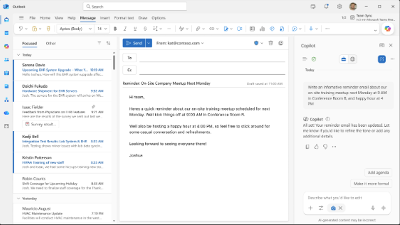 Copilot tạo nội dung email nháp dựa trên câu lệnh