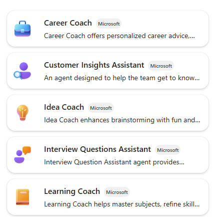 Các mẫu agent có sẵn như Career Coach, Idea Coach, Learning Coach