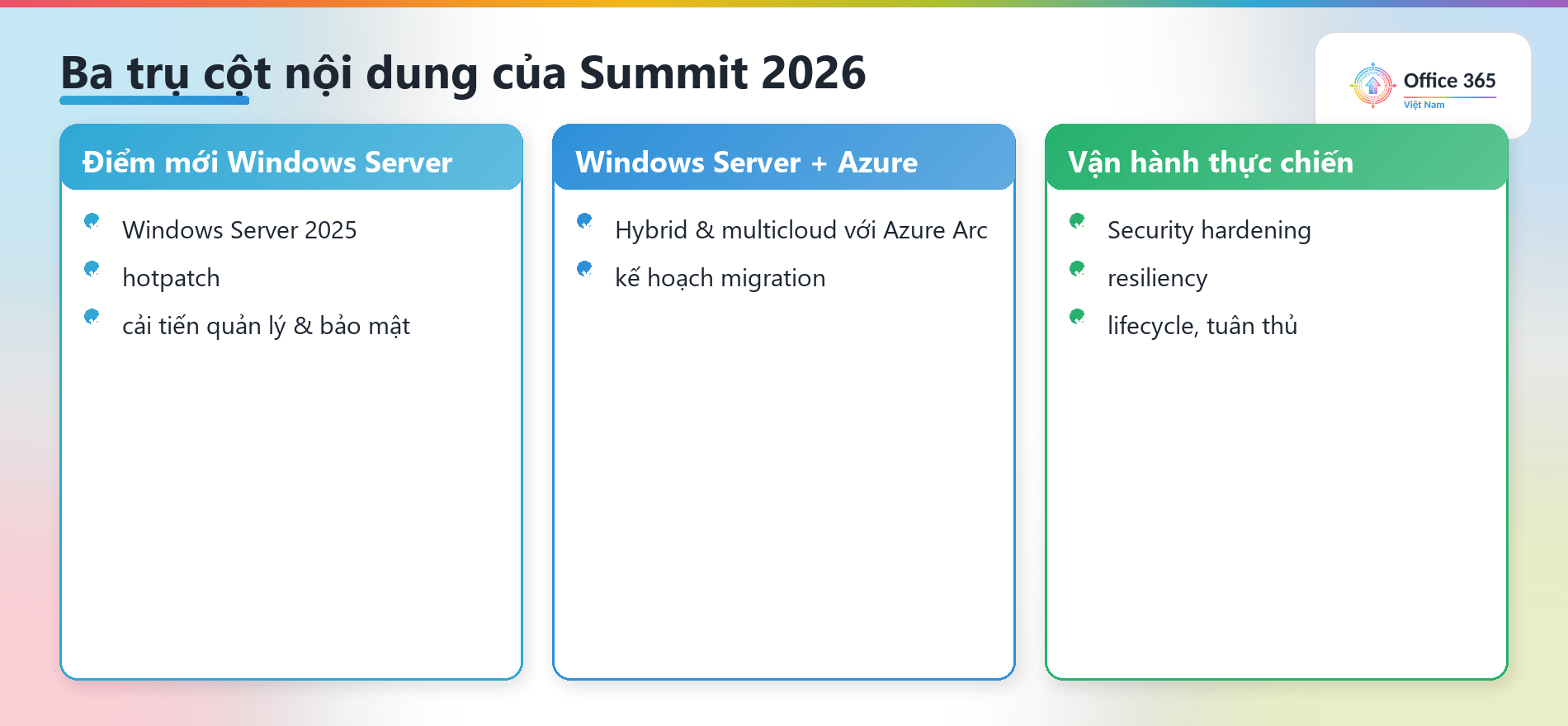 Ba trụ cột nội dung của Windows Server Summit 2026
