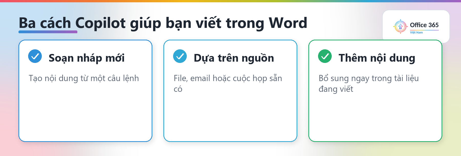 Ba cách Copilot trong Word giúp bạn: soạn nháp mới, dựa trên nguồn sẵn có, thêm nội dung