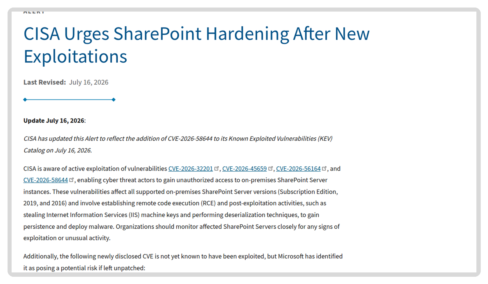SharePoint CVE-2026-58644 trên trang cảnh báo của CISA