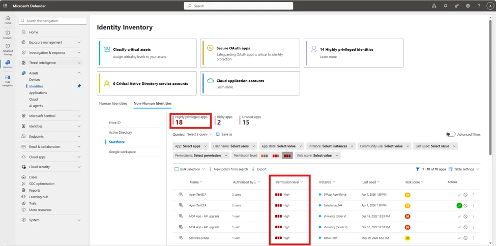 Microsoft Defender Identity Inventory cho Non-Human Identities Salesforce