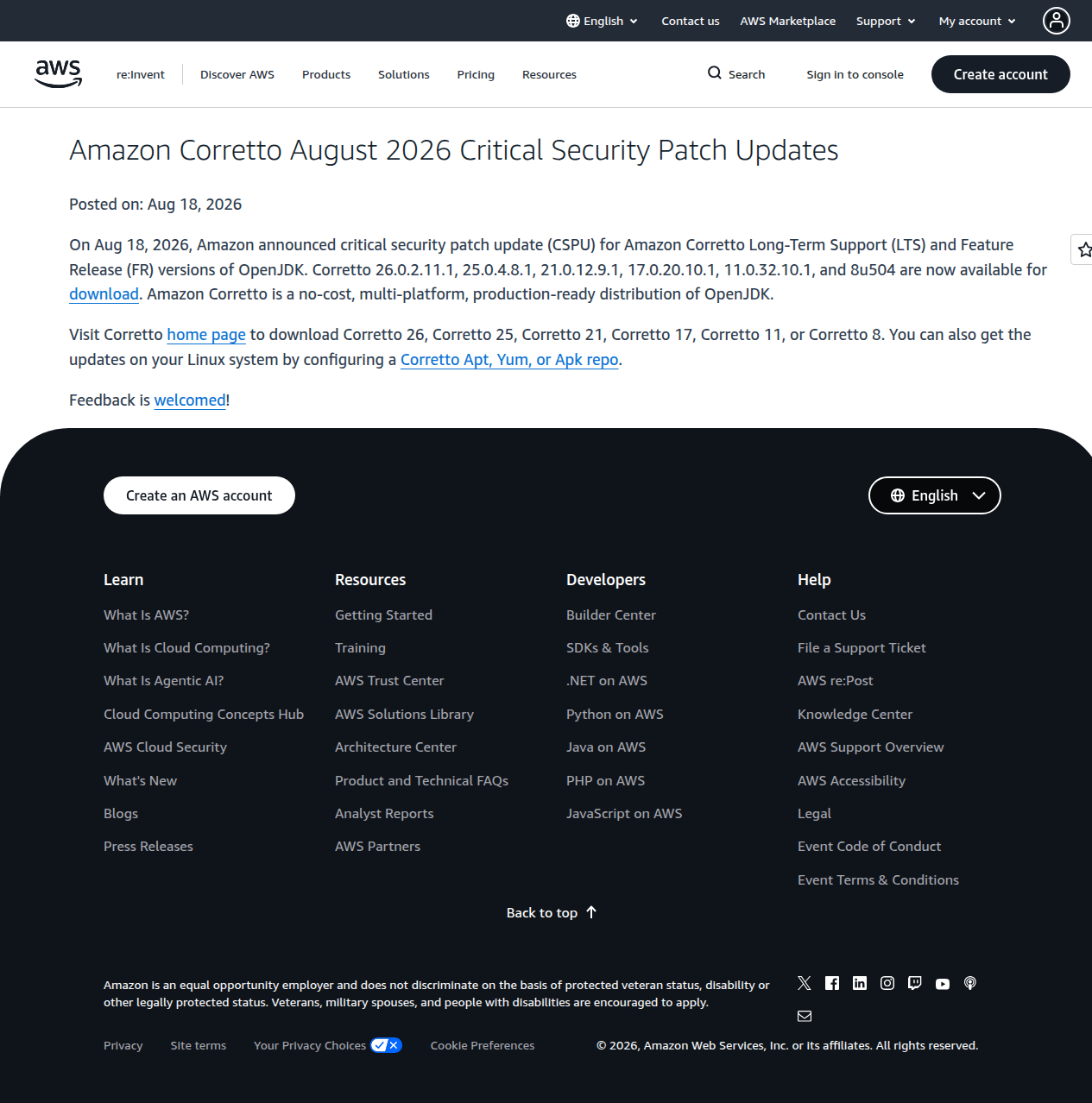 Amazon Corretto tháng 8/2026 trong thông báo AWS về bản vá bảo mật khẩn cho OpenJDK