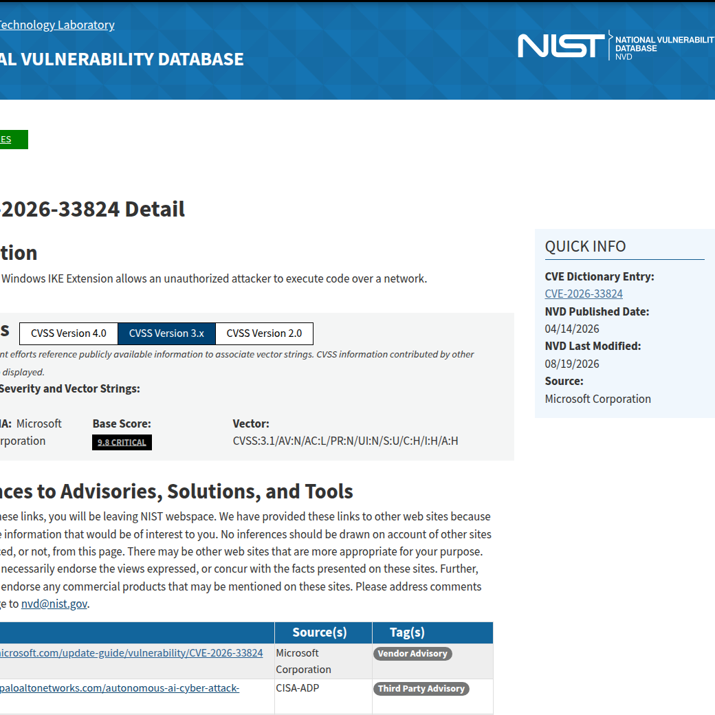 CVE-2026-33824 trên NVD với mô tả Windows IKE và CVSS 9.8