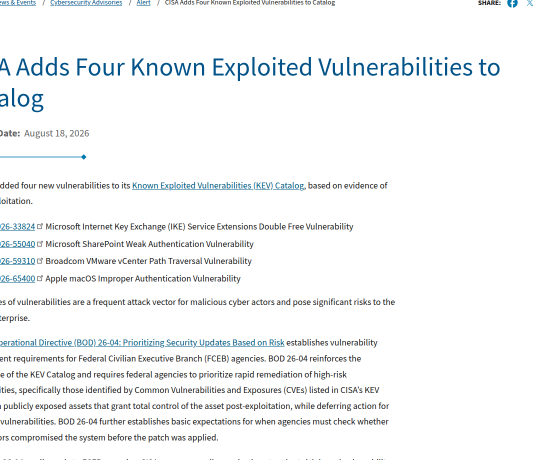 CVE-2026-33824 trong cảnh báo CISA KEV tháng 8 2026