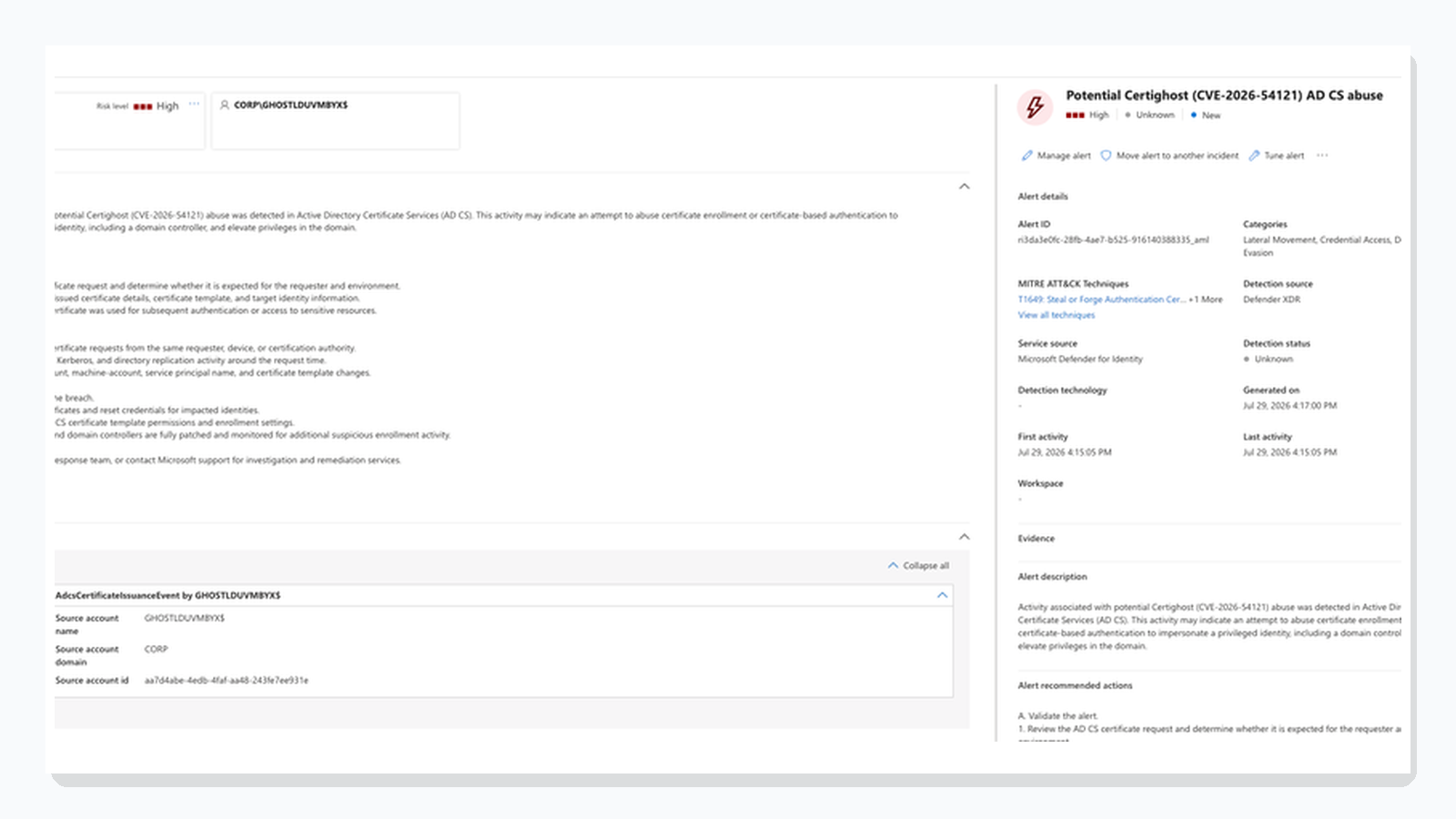 CVE-2026-54121 (Certighost) trong cảnh báo Potential Certighost AD CS abuse của Microsoft Defender for Identity