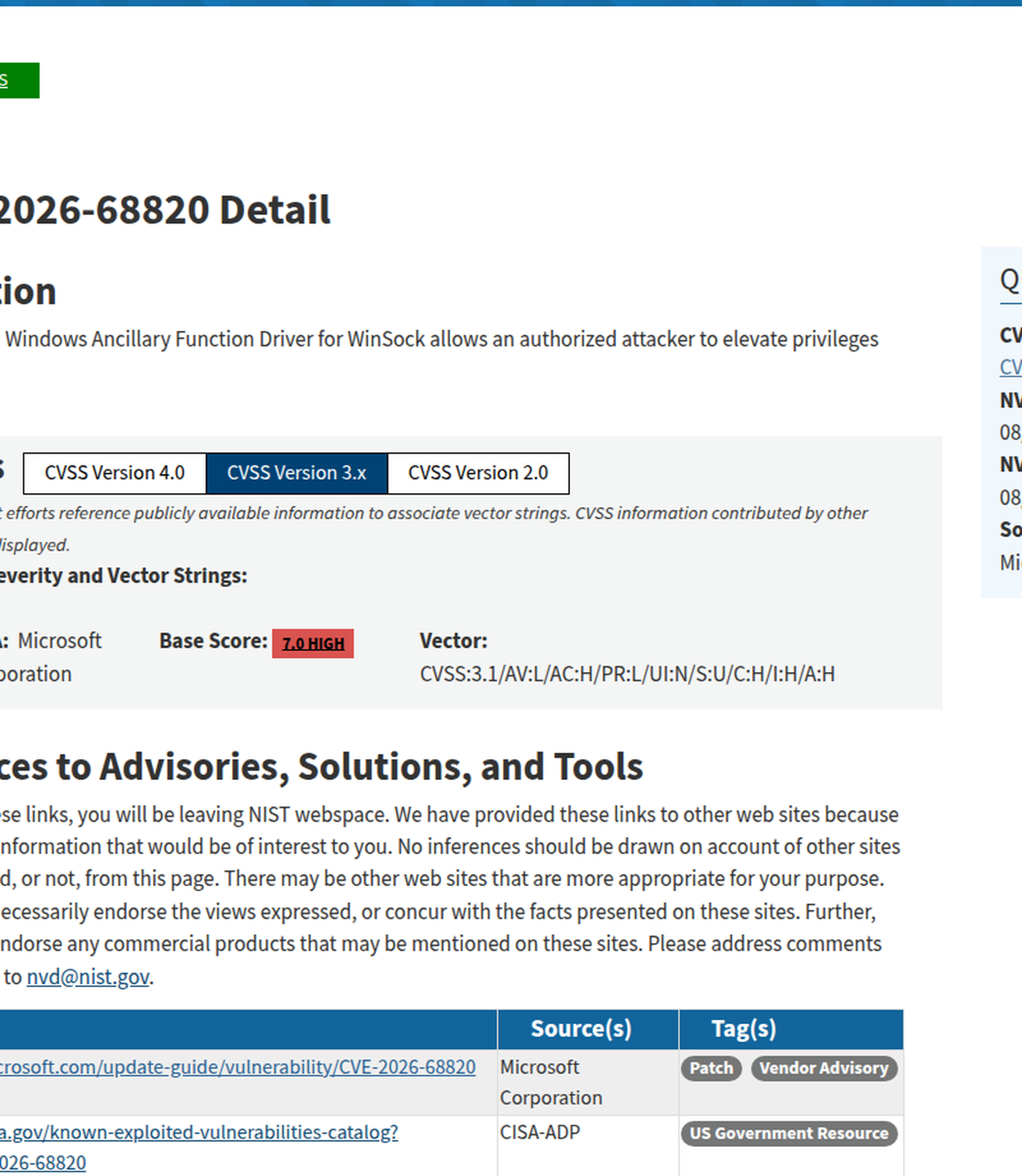CVE-2026-68820 trên NVD với mô tả WinSock use-after-free và CVSS high