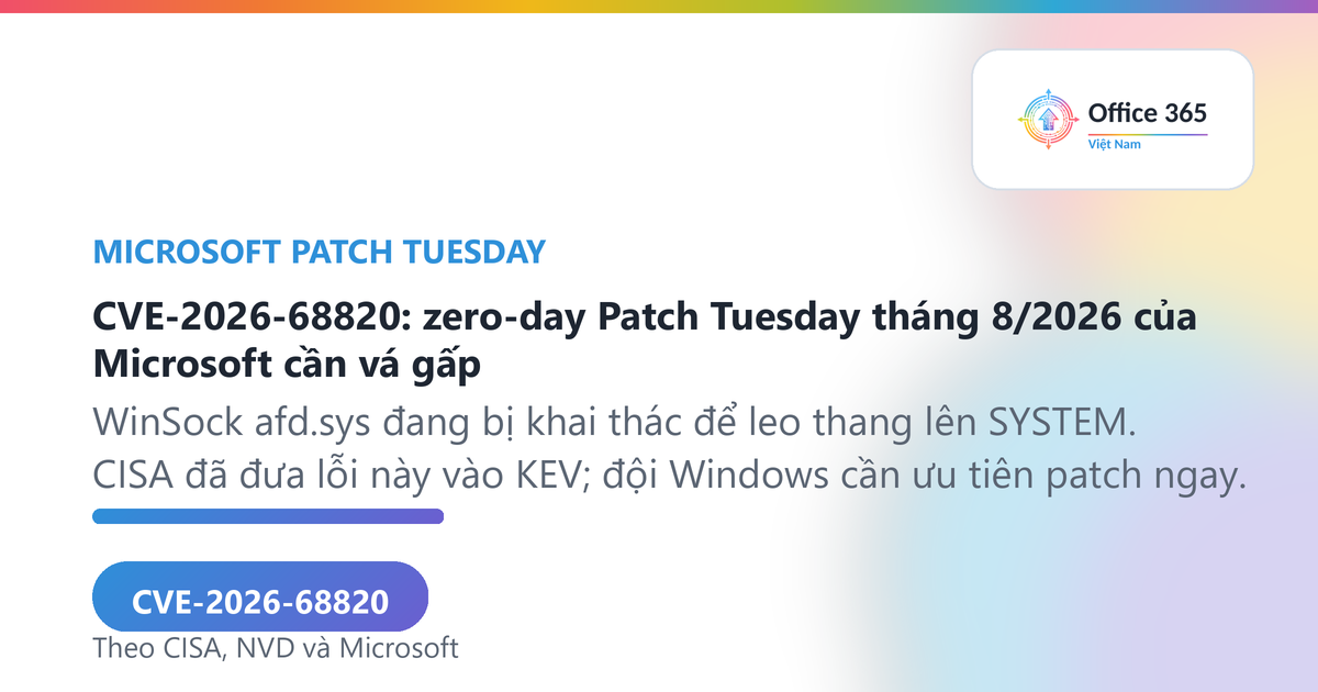 CVE-2026-68820 zero-day WinSock trong Patch Tuesday tháng 8/2026 của Microsoft