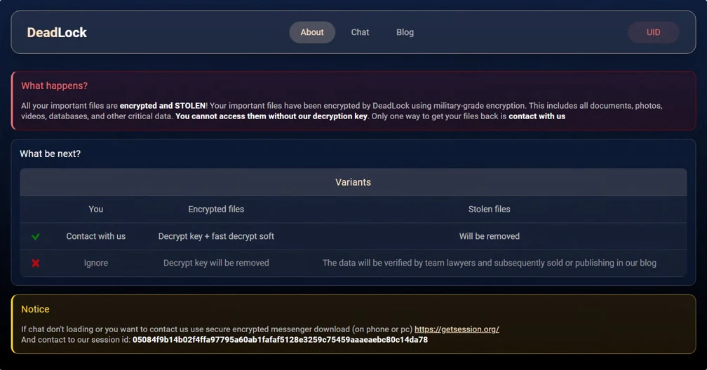 Giao diện trang thương lượng của DeadLock ransomware