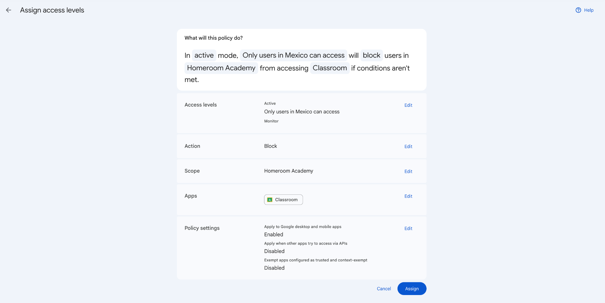 Google Classroom Context-Aware Access khi gán access level cho ứng dụng Classroom