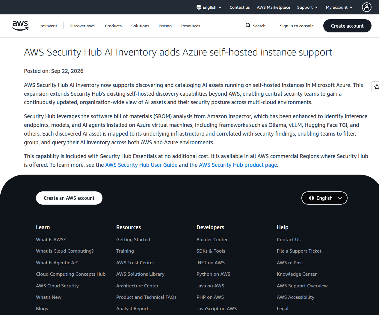 AWS Security Hub AI Inventory hỗ trợ Azure self-hosted instances trong thông báo chính thức của AWS