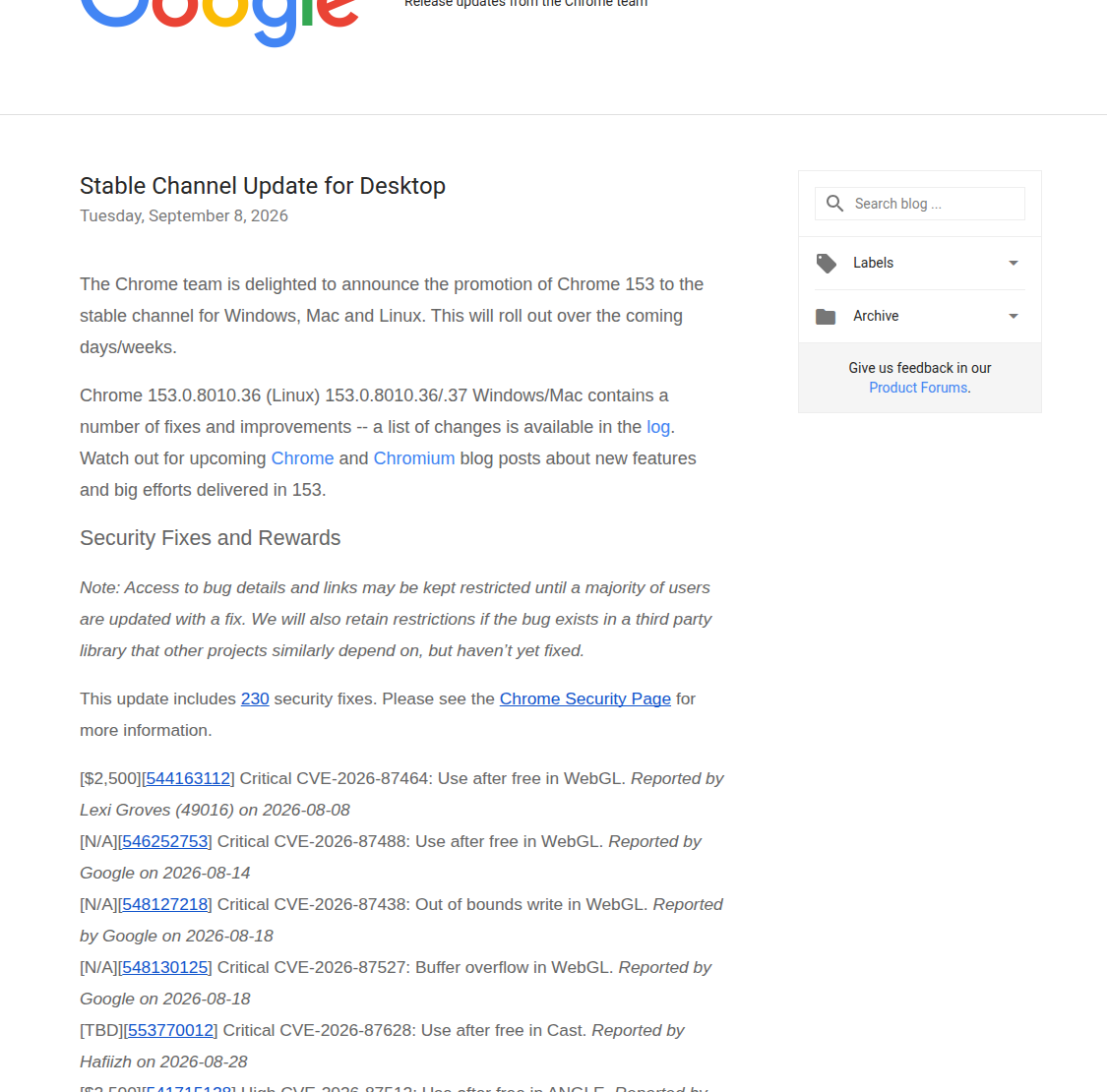 CVE-2026-87491 Chrome 153 trên bài Chrome Releases chính thức