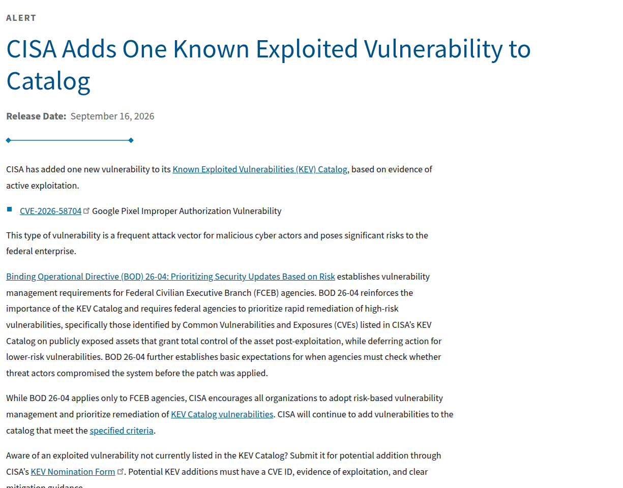 CVE-2026-58704 Google Pixel được CISA đưa vào KEV