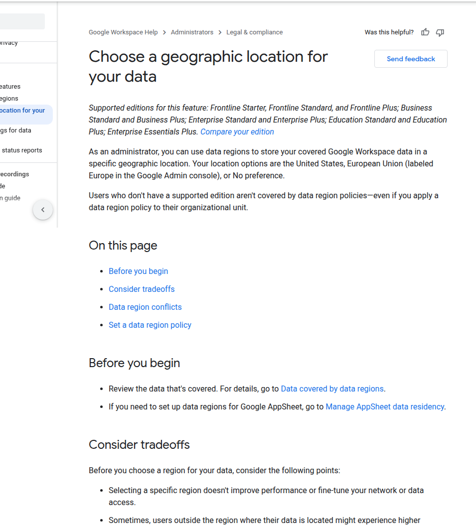 Data regions Google Apps Script gắn với lựa chọn geographic location cho dữ liệu doanh nghiệp