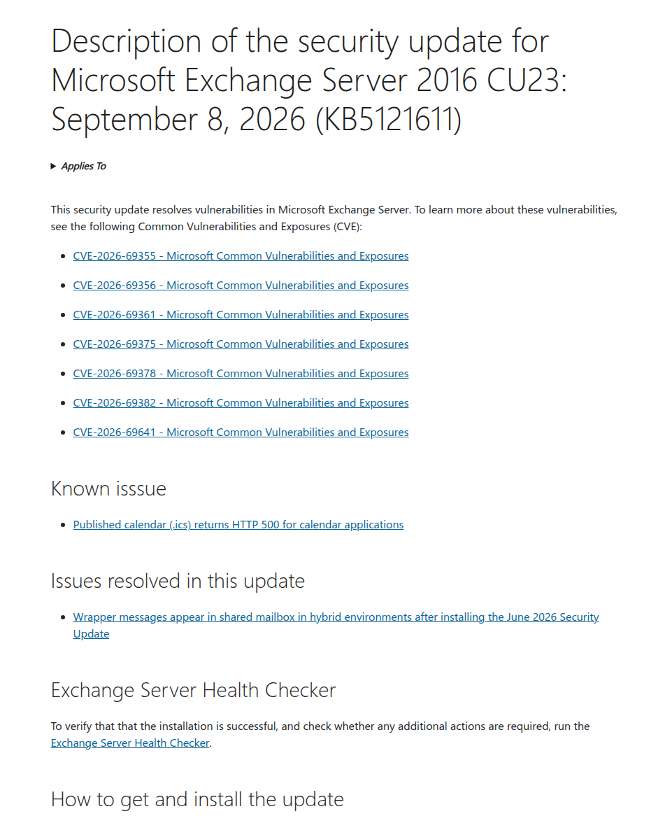 Exchange Server Security Updates tháng 9/2026 trên trang Microsoft Support với danh sách CVE