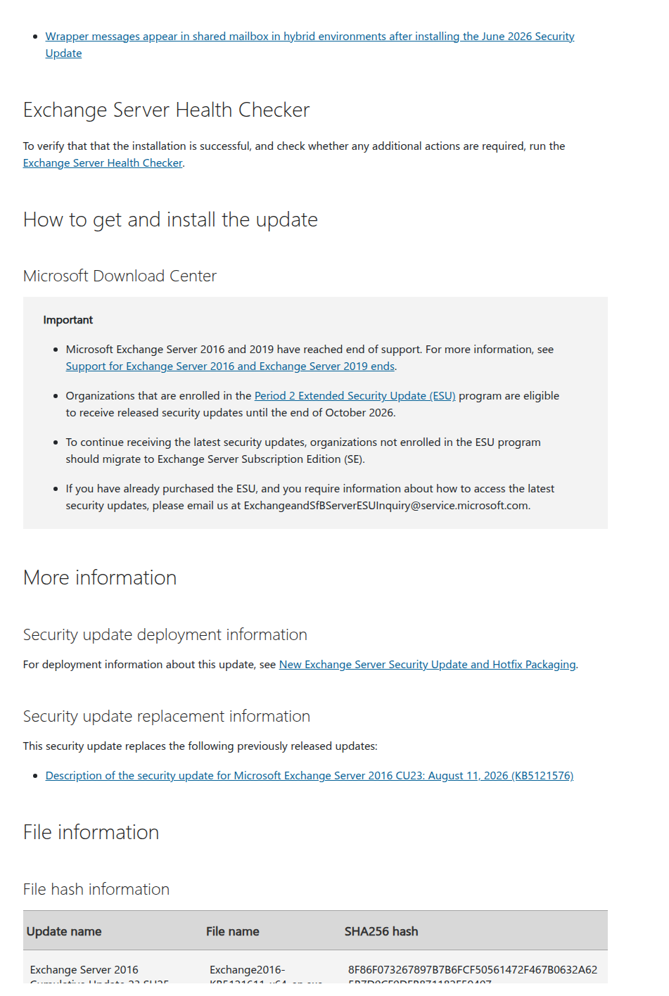 Exchange Server Security Updates tháng 9/2026 với Health Checker và lưu ý ESU trên Microsoft Support