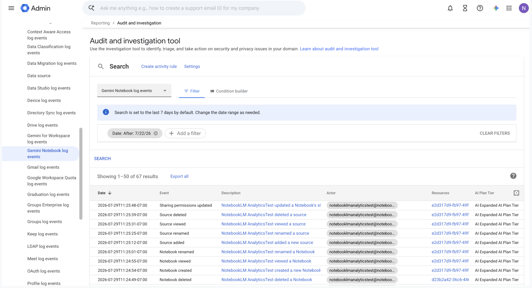 Gemini Notebook audit logs trong Google Workspace Admin console