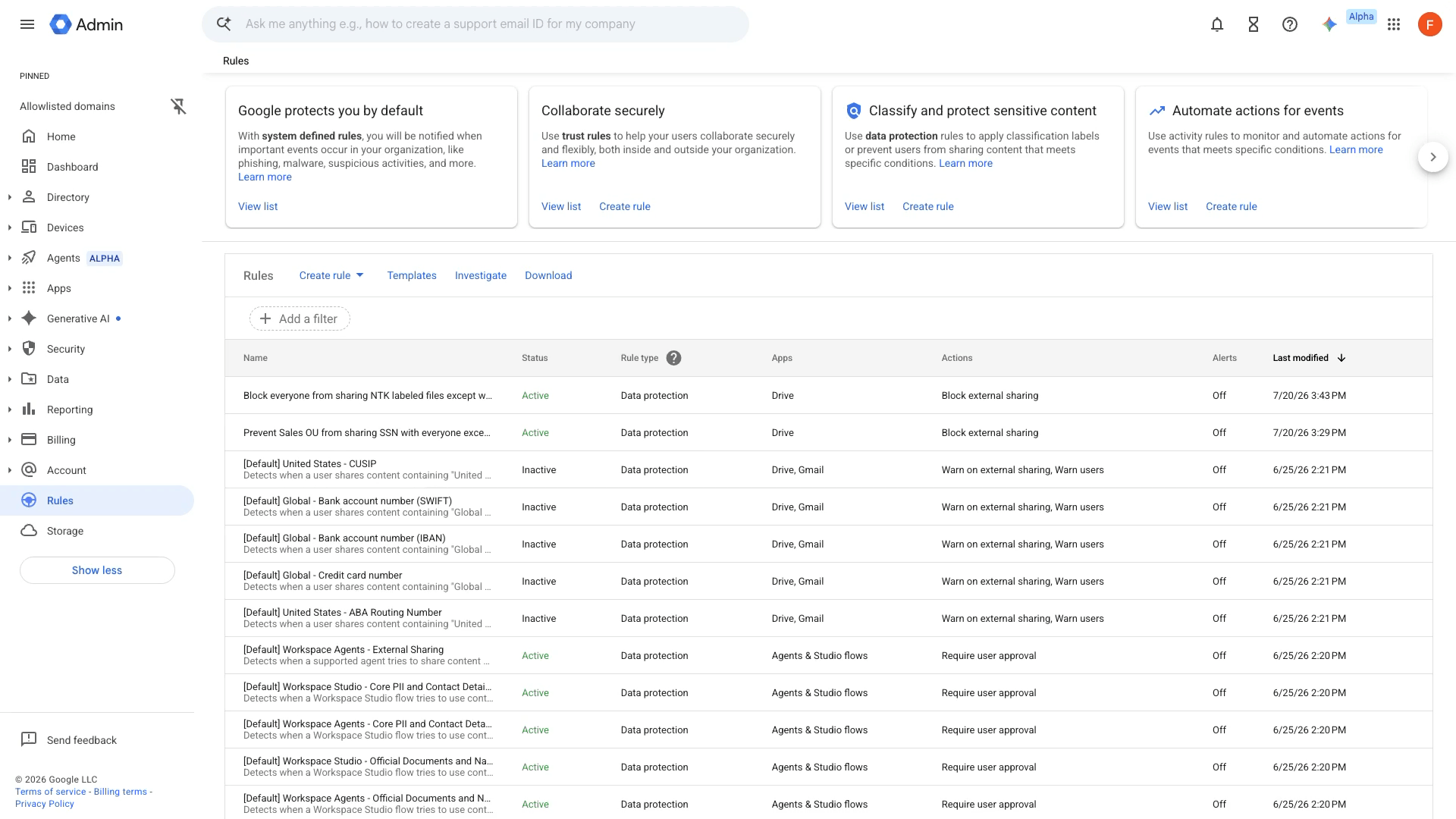Google Drive sharing boundaries với chính sách chặn chia sẻ theo độ nhạy dữ liệu