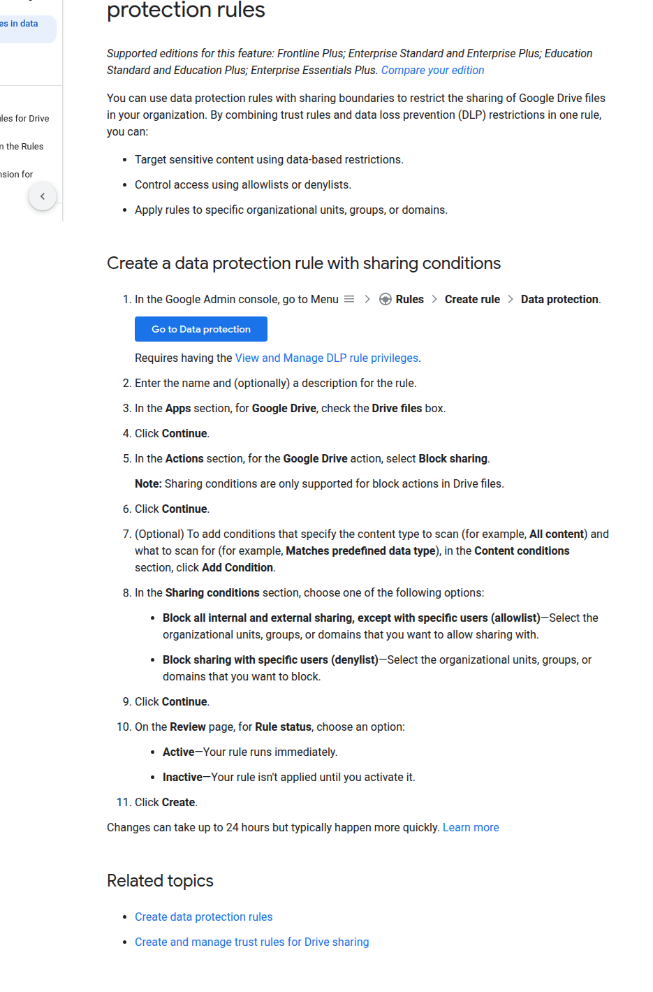Google Drive sharing boundaries trong trang trợ giúp thiết lập data protection rules