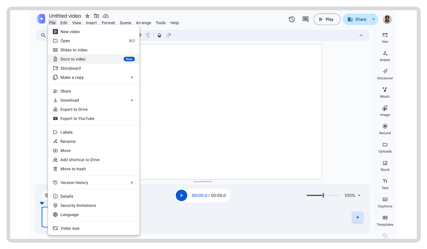 Google Vids tạo video tóm tắt từ Docs, PDF và Word bằng giao diện nhập tài liệu