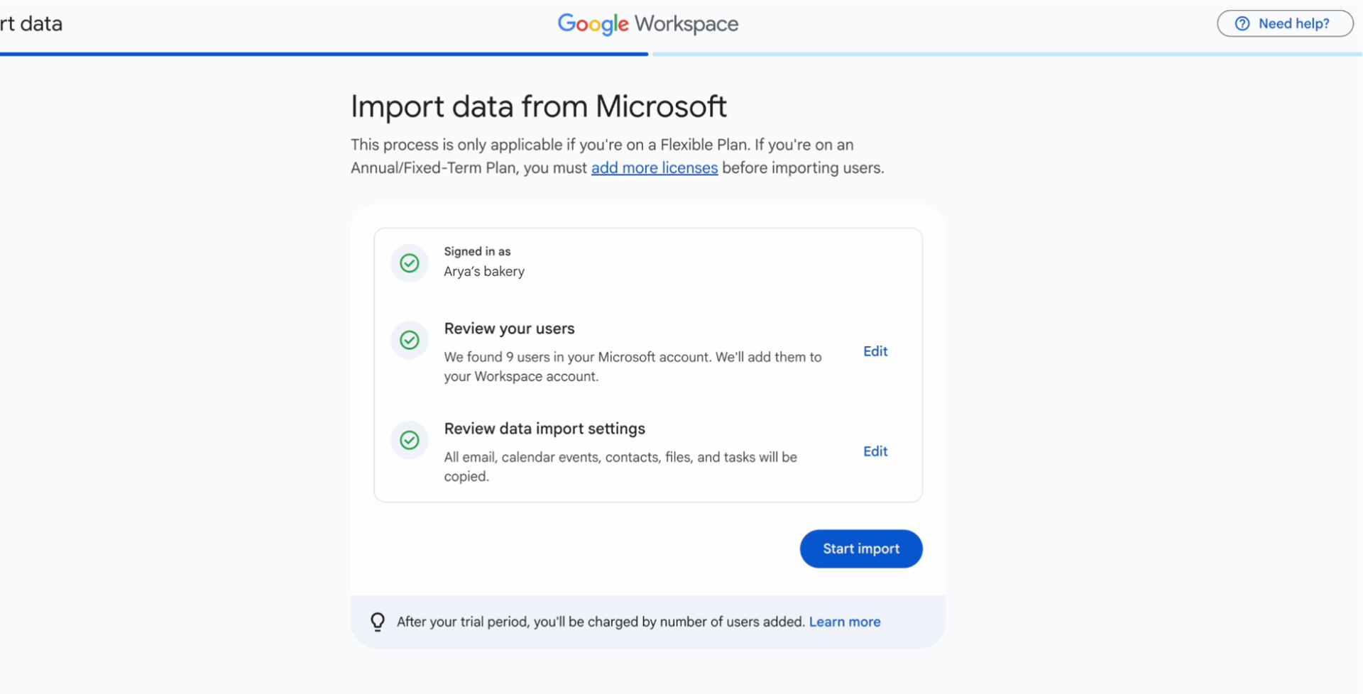 Import dữ liệu từ Microsoft sang Google Workspace trong giao diện setup của admin