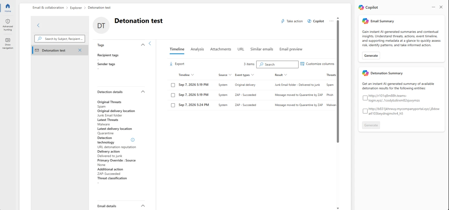 Security Copilot email detonation summary trong Microsoft Defender với Email Summary và Detonation Summary