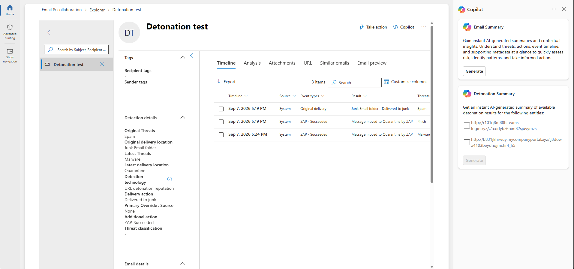Security Copilot email detonation summary trên Email Entity page của Microsoft Defender for Office 365