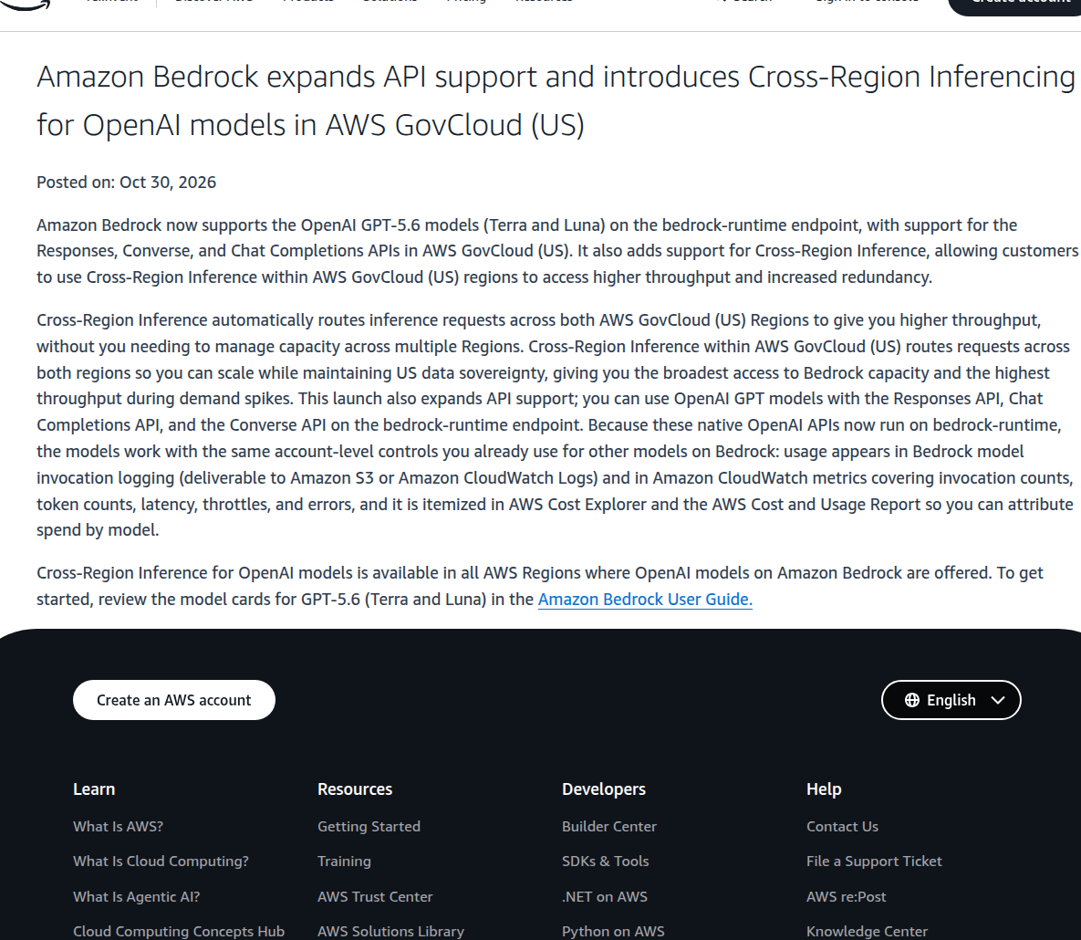 Amazon Bedrock GovCloud OpenAI trong thông báo AWS What's New ngày 30/10/2026