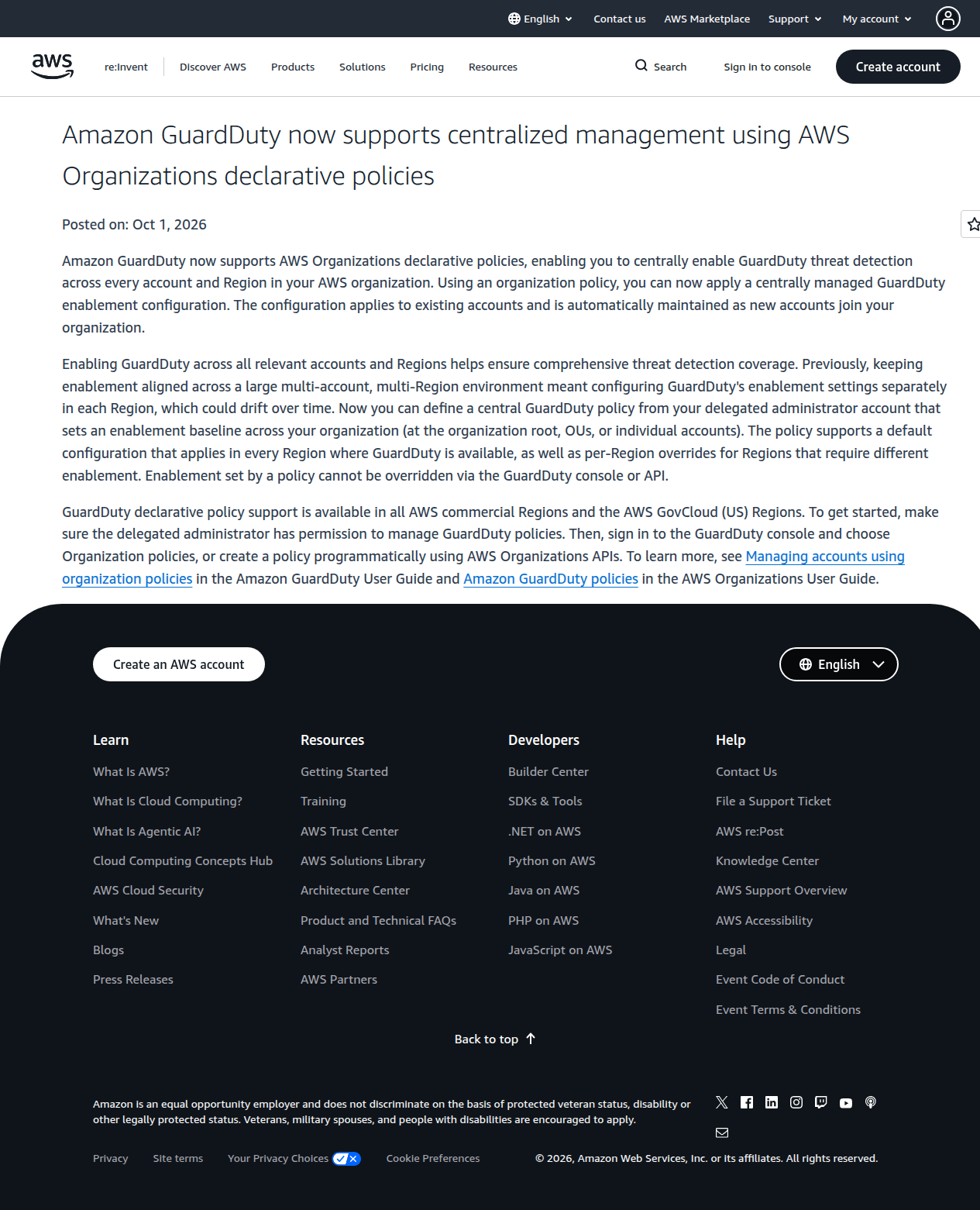 Amazon GuardDuty declarative policies trong thông báo AWS What's New