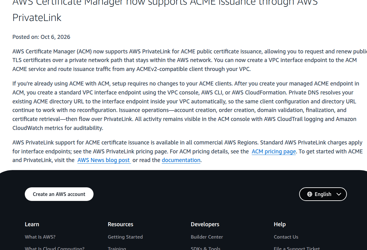 AWS Certificate Manager PrivateLink cho ACME trong thông báo chính thức của AWS