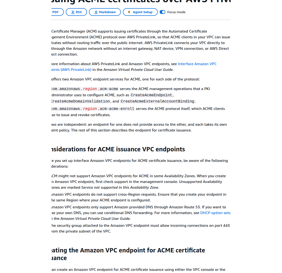 Tài liệu AWS về AWS Certificate Manager PrivateLink cho ACME và endpoint riêng cho phát hành chứng chỉ