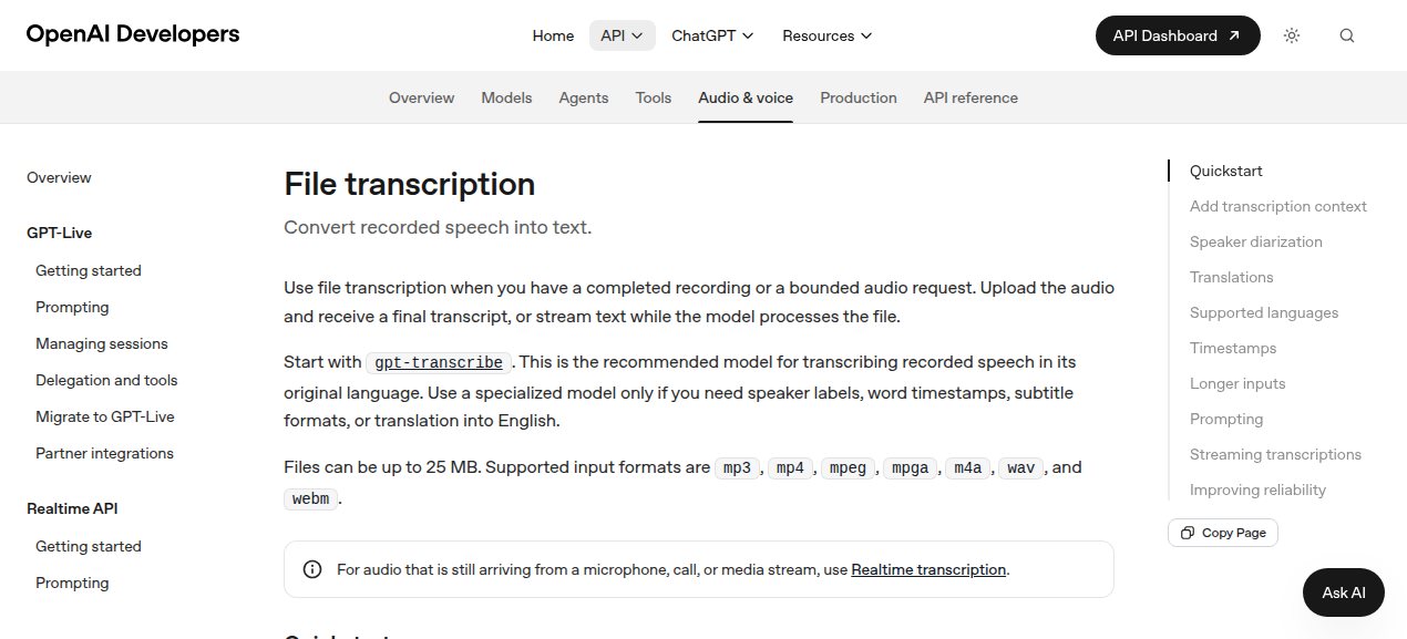 ChatGPT ghi biên bản cuộc họp với workflow file transcription và các định dạng âm thanh được hỗ trợ