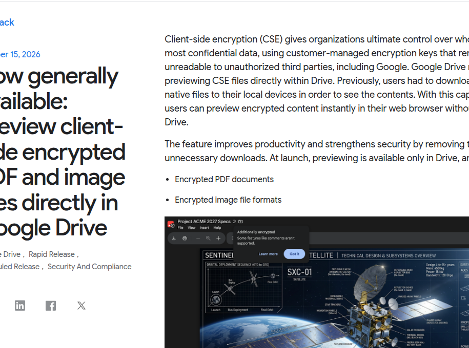 Google Drive client-side encryption cho phép preview PDF và ảnh mã hoá ngay trong Drive