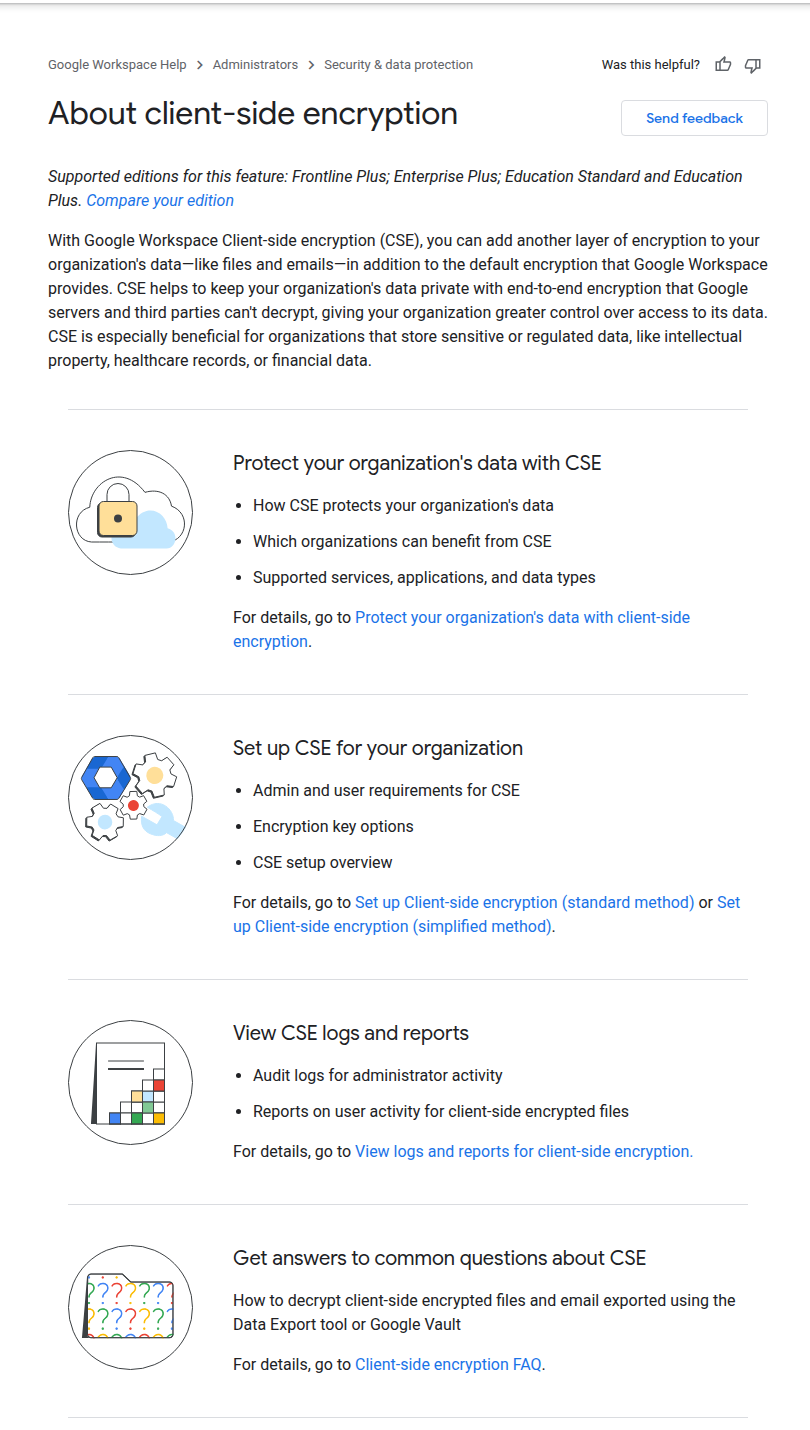 Google Drive client-side encryption trong tài liệu About client-side encryption của Google Workspace Help