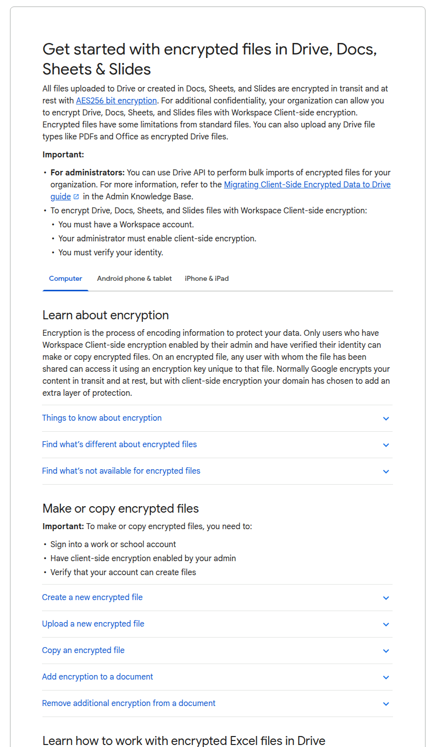 Google Drive client-side encryption trong hướng dẫn encrypted files của Google Docs Editors Help