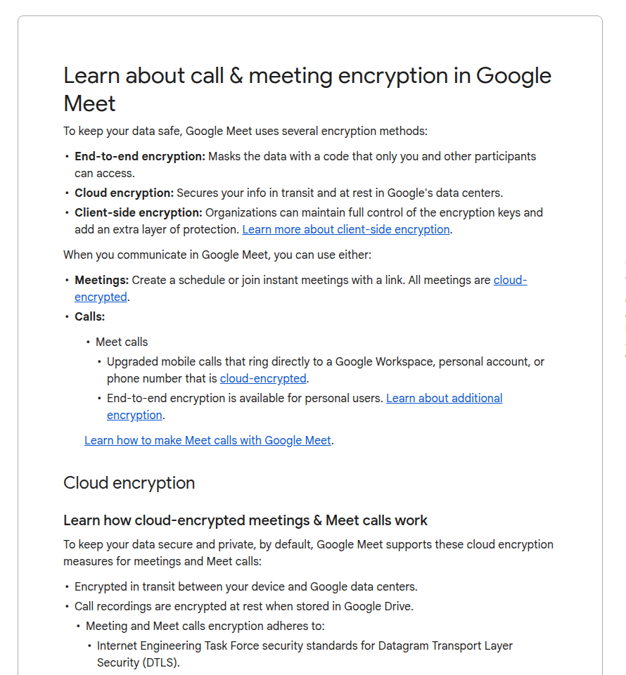 Google Meet post-quantum cryptography và các lớp mã hoá cuộc gọi trong tài liệu trợ giúp chính thức