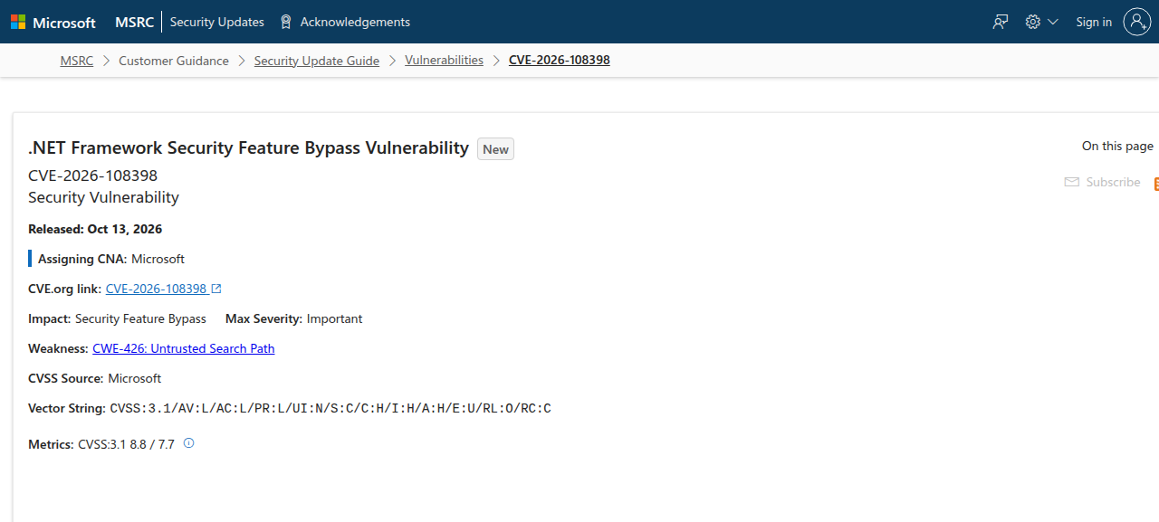 CVE-2026-108398 trong Microsoft October 2026 Security Updates