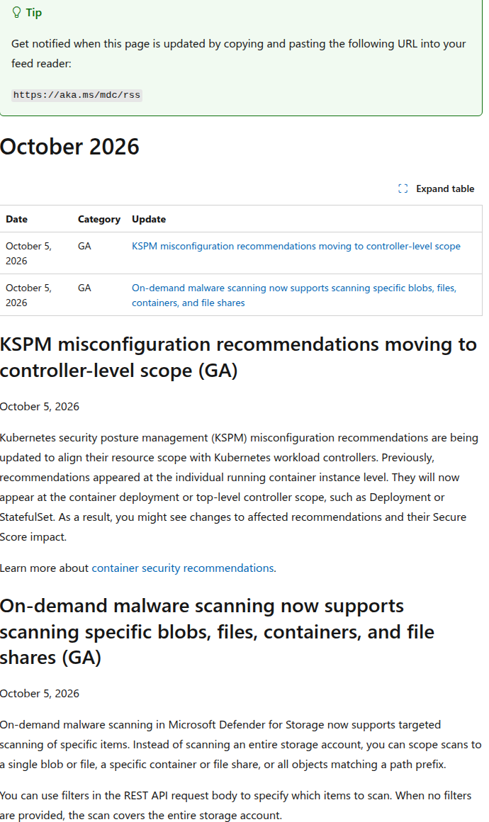 On-demand malware scanning trong bảng release notes October 2026 của Microsoft Defender for Cloud