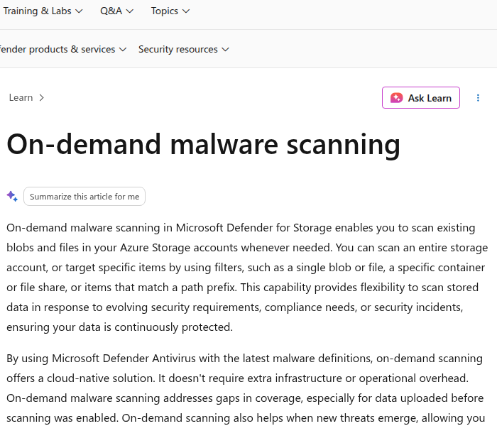 On-demand malware scanning trong Microsoft Defender for Storage trên Microsoft Learn